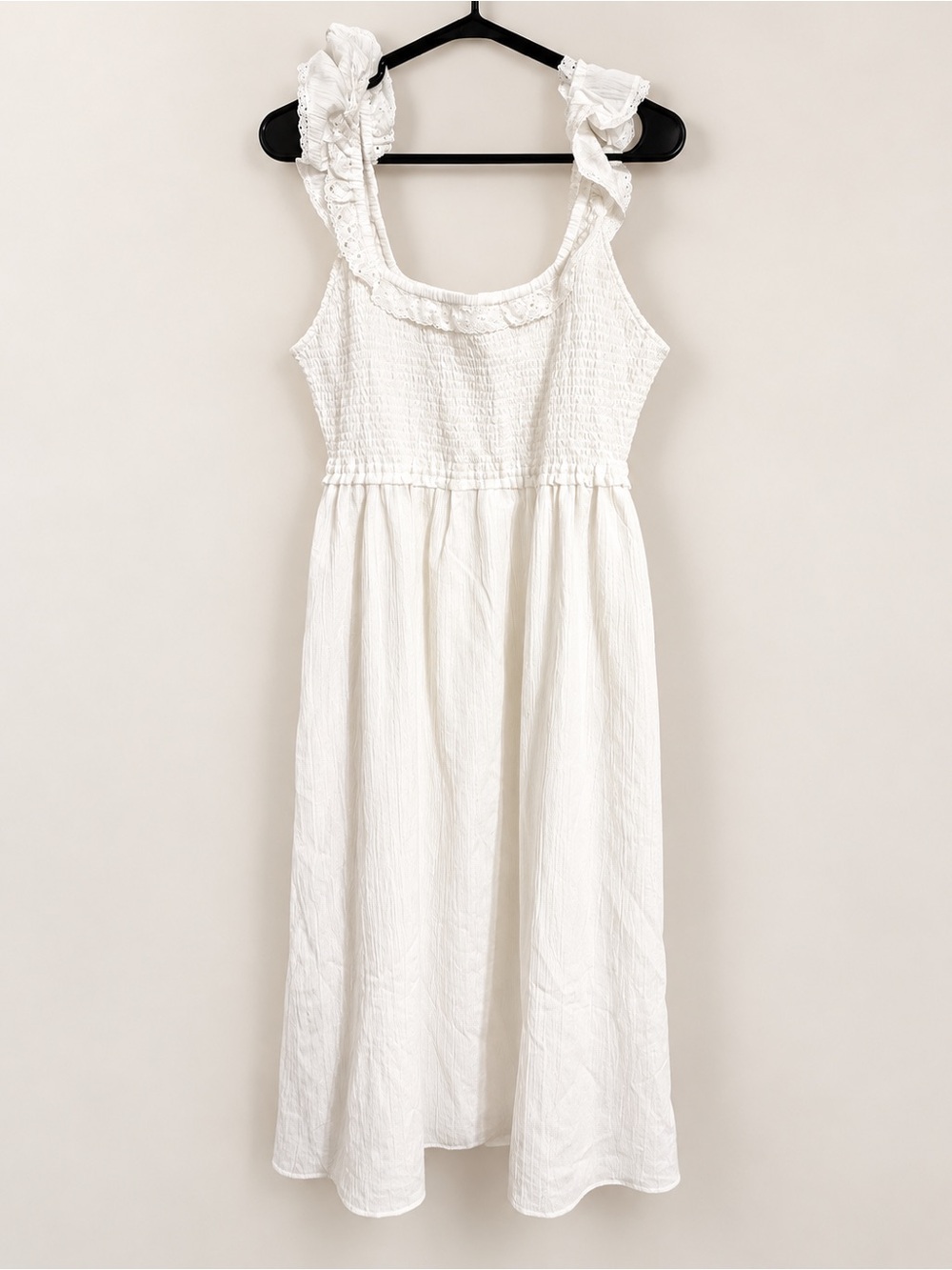 American Eagle Outfitters White Ruffle Strap Smocked Midi Dress